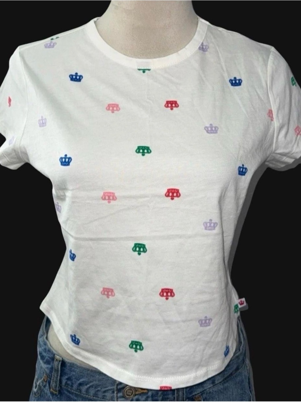 Juicy Couture White Crewneck Tee with Multicolor Crown Motifs